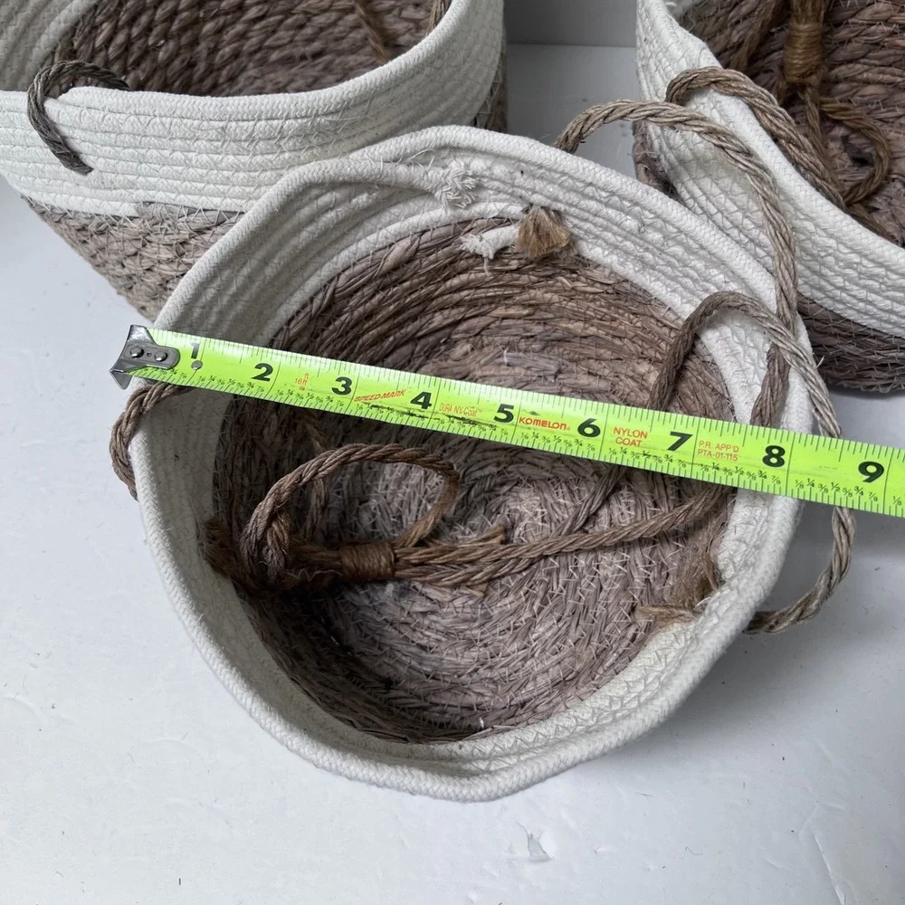 Set‎ of 3 Woven Hanging Baskets White Brown Cotton Rope Seagrass Boho Decor READ